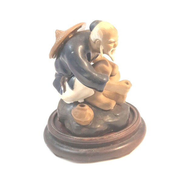 Chinese Shiwan Artistic Ceramic Mudman Seating Fisherman Glazed Figurine 4" Vtg - Picture 2 of 9